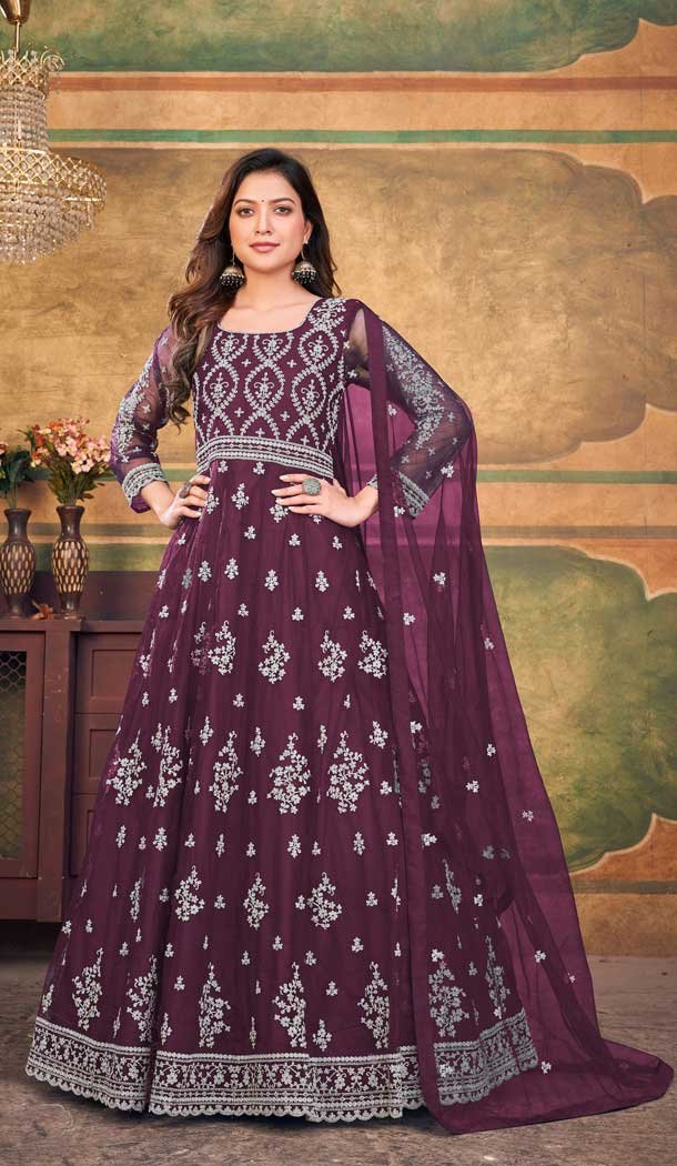 Wine Color Net Embroidery Work Party Wear Anarkali Salwar Suit -6001166195