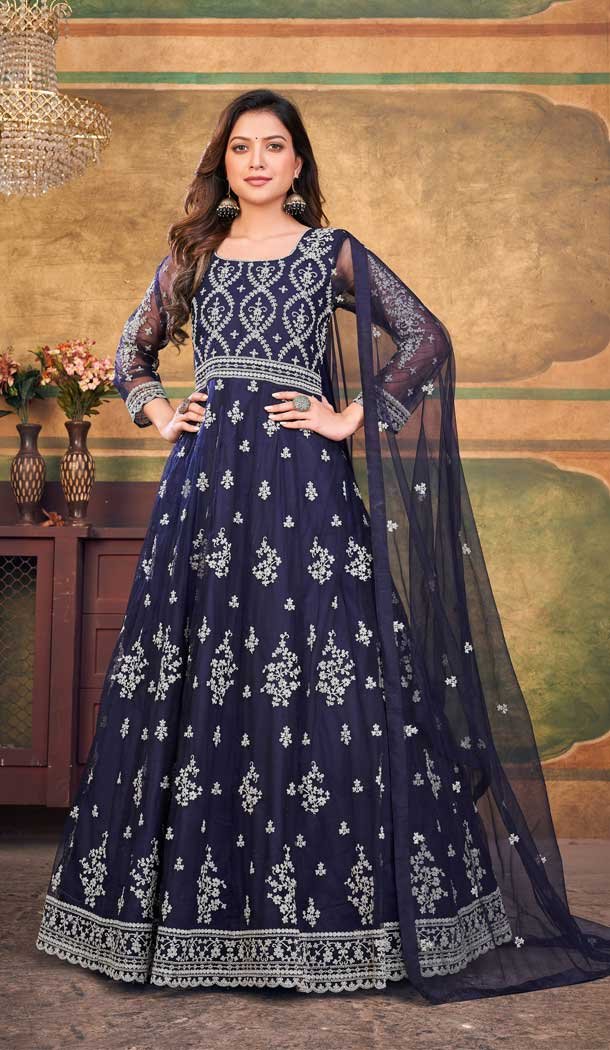 Navy Blue Color Net Embroidery Work Party Wear Anarkali Salwar Suit -6001166196