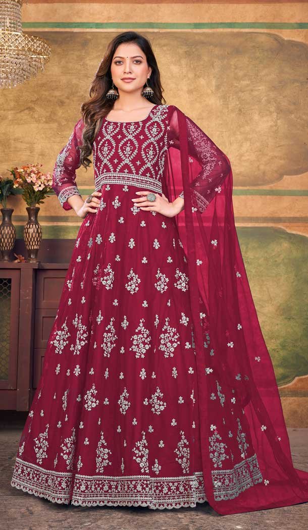 Maroon Color Net Embroidery Work Party Wear Anarkali Salwar Suit -6001166197