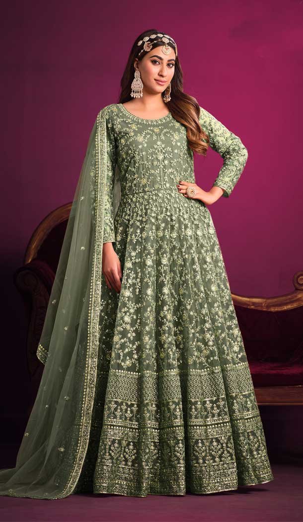 Dusty Green Color Net Embroidery Work Wedding Wear Designer Salwar Kameez -6002166199