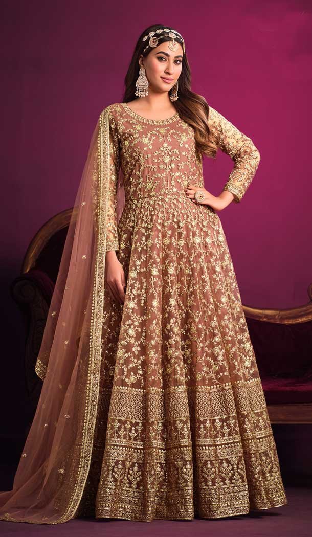 Rose Gold Color Net Embroidery Work Wedding Wear Designer Salwar Kameez -6002166201