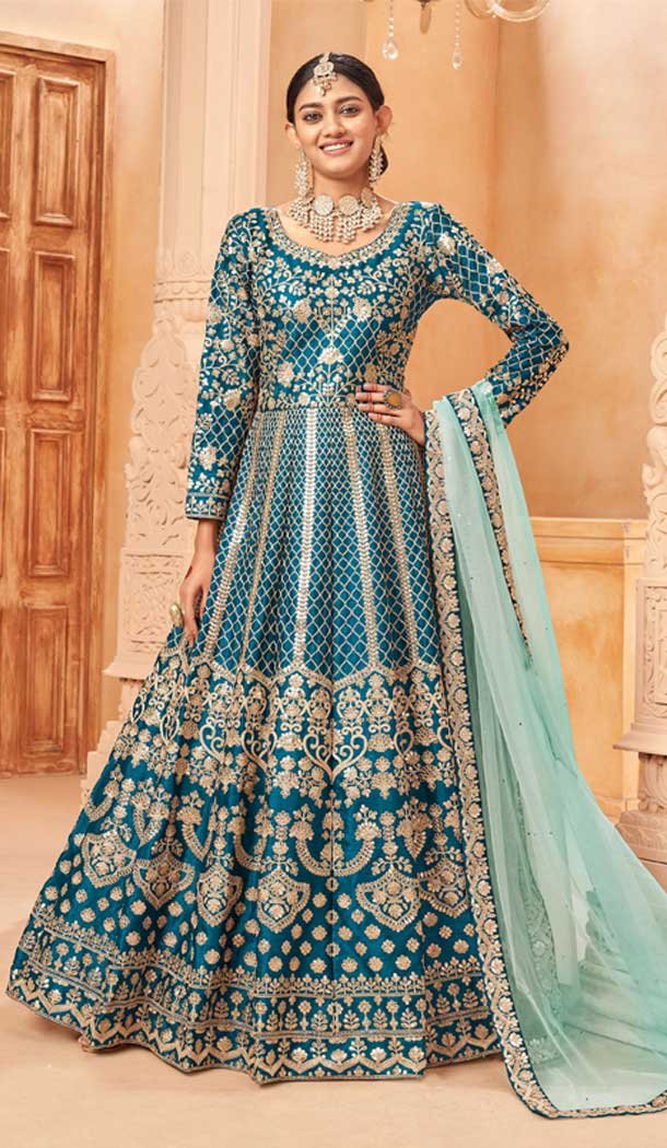 Rama Blue Color Art Silk Embroidery Work Designer Anarkali Salwar Kameez -6150167592