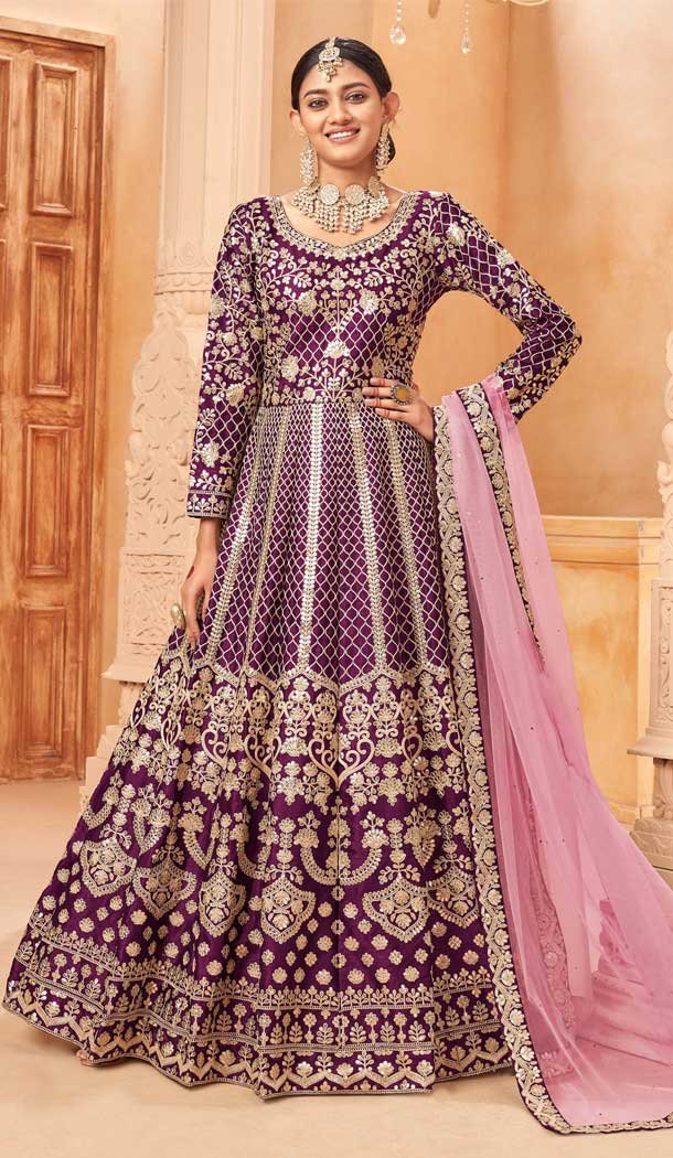 Attractive Purple Color Art Silk Embroidery Work Designer Anarkali Salwar Kameez -6150167593