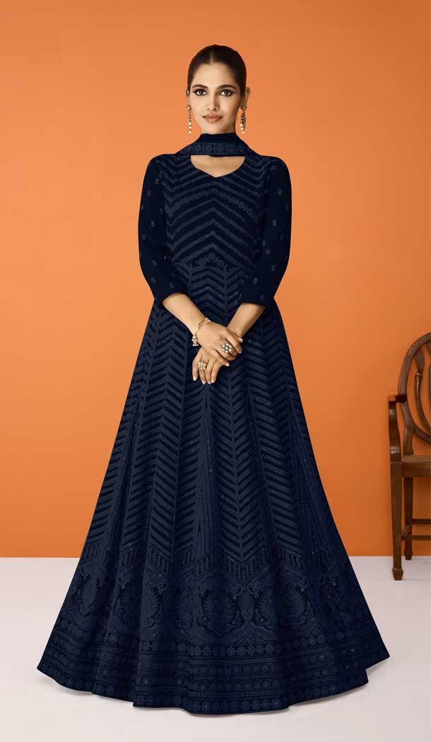 Faux Georgette Embroidery Work Navy Blue Color Pakistani Anarkali Salwar Kameez -6162167681