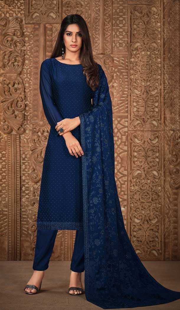 Blue Color Georgette Diamonds Work Designer Party Wear Salwar Kameez -6214168033