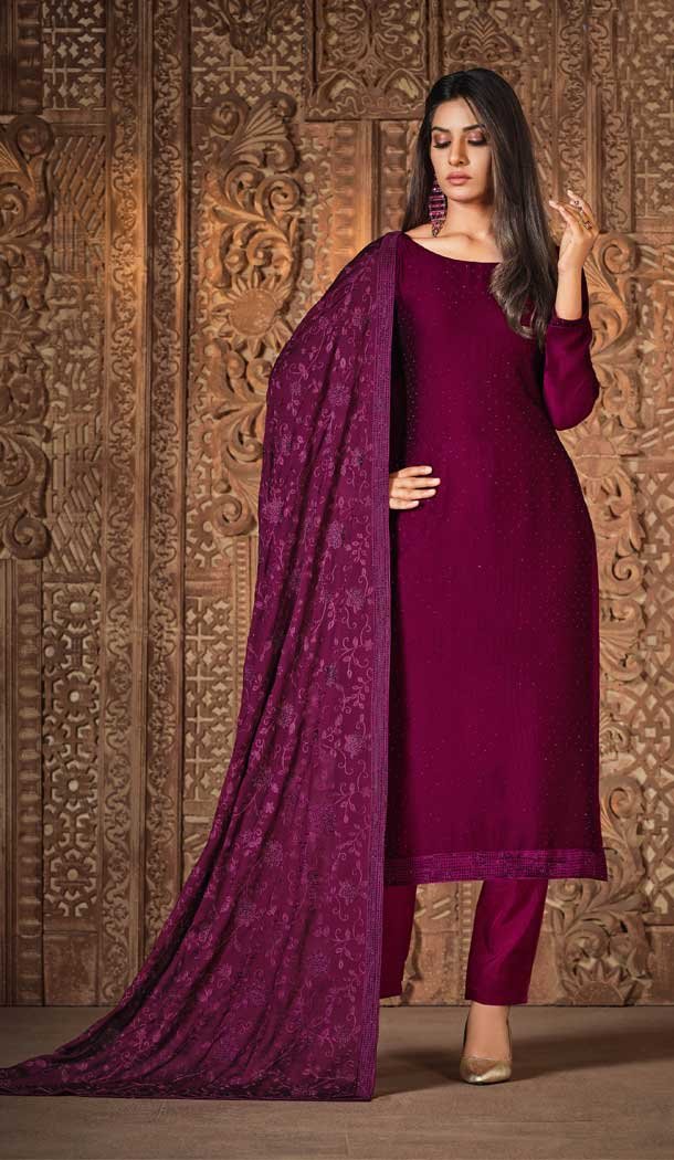 Burgundy Color Georgette Diamonds Work Designer Party Wear Salwar Kameez -6214168034