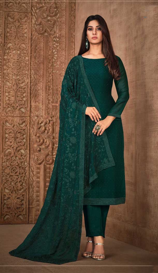 Green Color Georgette Diamonds Work Designer Party Wear Salwar Kameez -6214168035