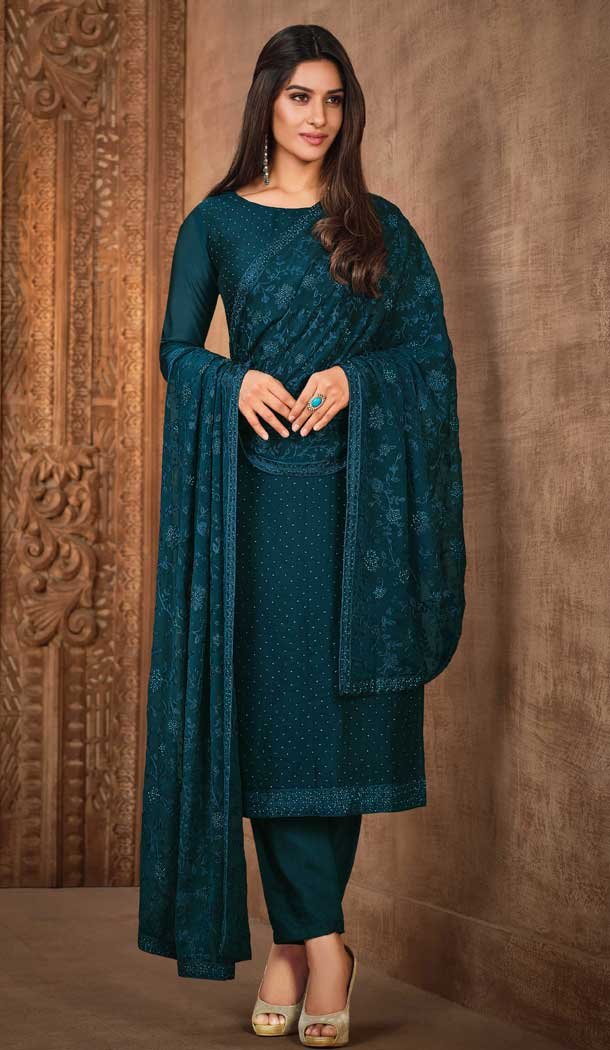 Teal Blue Color Georgette Diamonds Work Designer Party Wear Salwar Kameez -6214168037