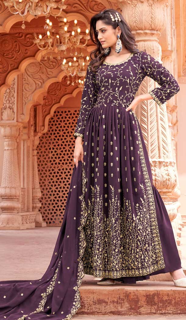 Wine Color Faux Georgette Embroidery Work Designer Plus Size Sharara Suit -6215168039