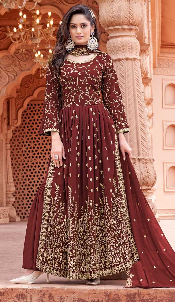 Maroon Color Faux Georgette Embroidery Work Designer Plus Size Sharara Suit -6215168041