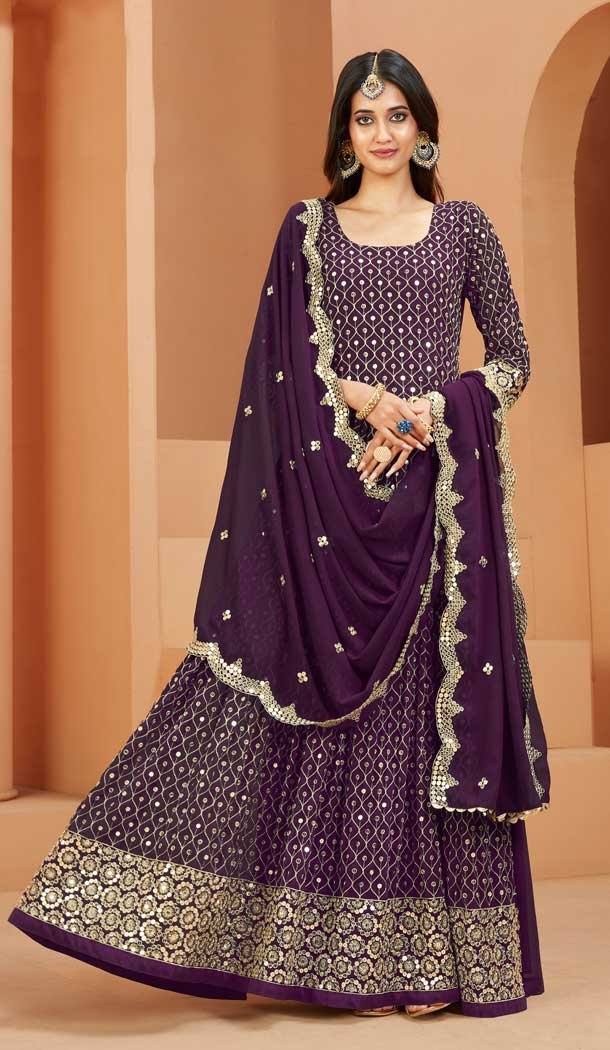 Faux Georgette Embroidery Work Wine Color Anarkali Style Salwar Kameez -6216168043