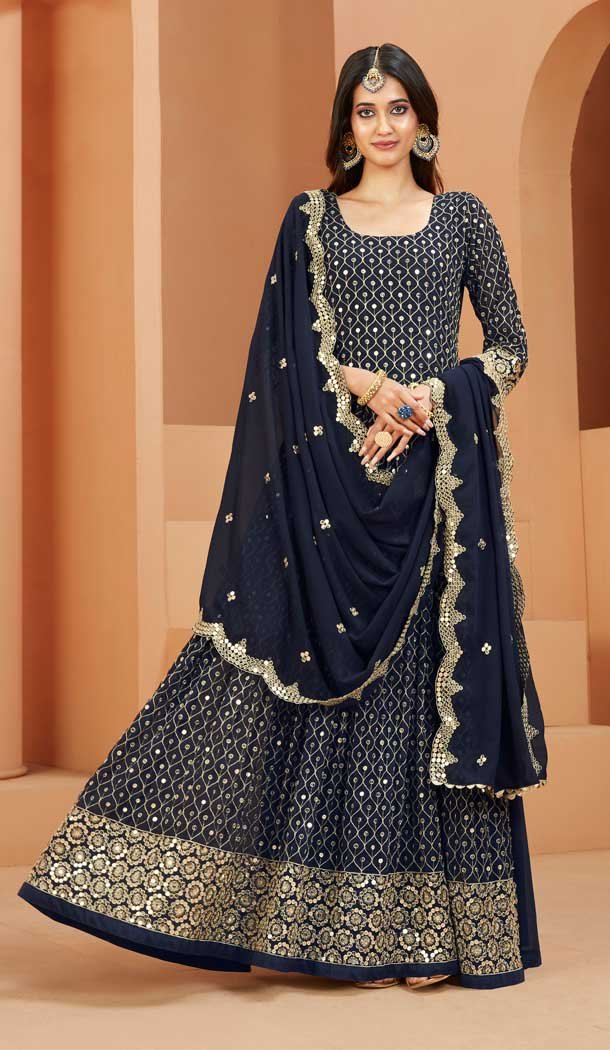 Faux Georgette Embroidery Work Navy Blue Color Anarkali Style Salwar Kameez -6216168044