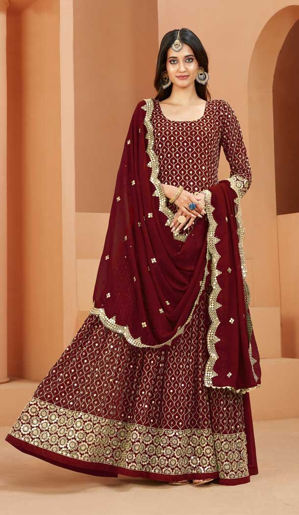 Faux Georgette Embroidery Work Maroon Color Anarkali Style Salwar Kameez -6216168045